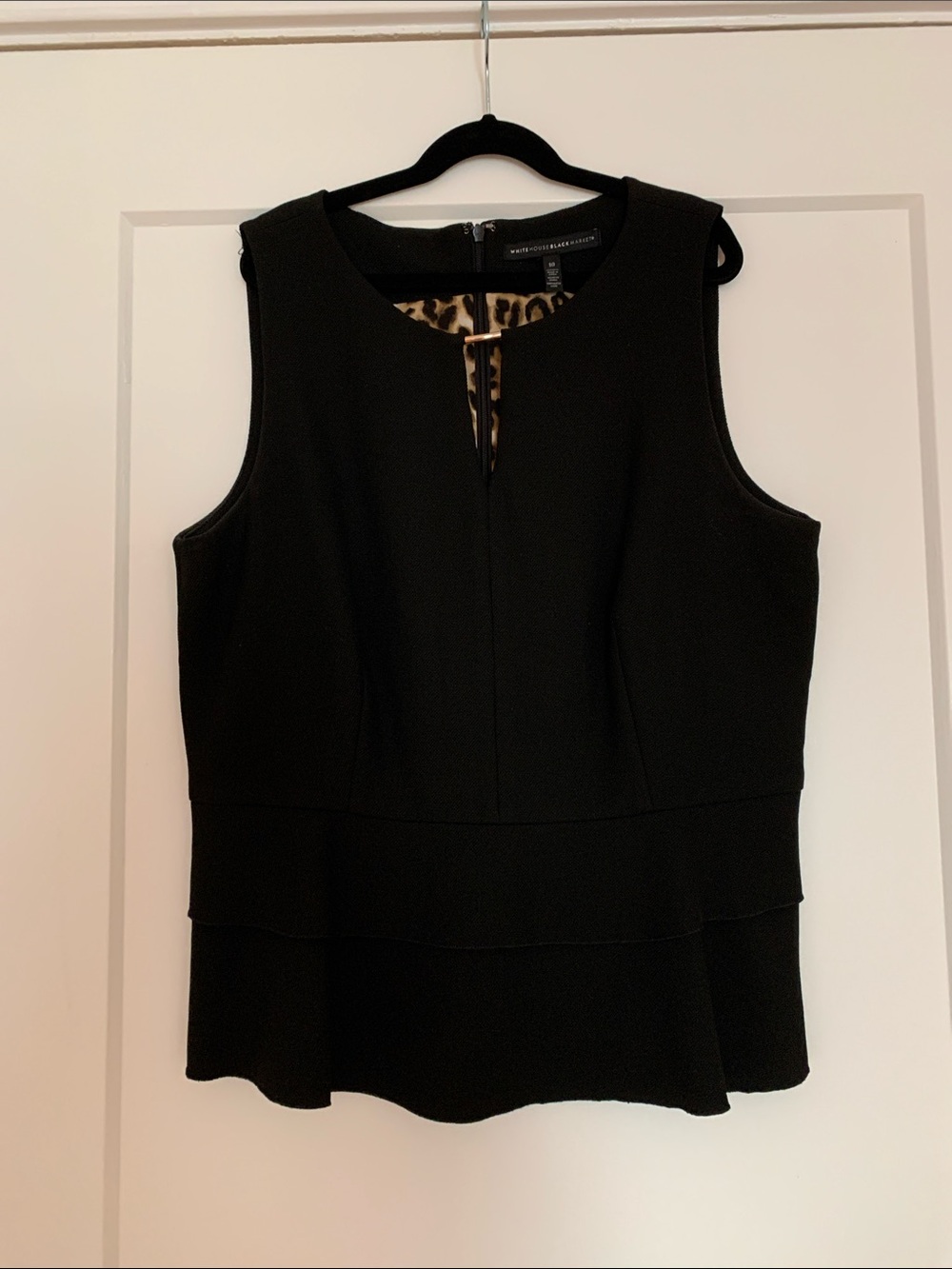 White House Black Market Black Sleeveless Peplum Shell with Leopard Trim
